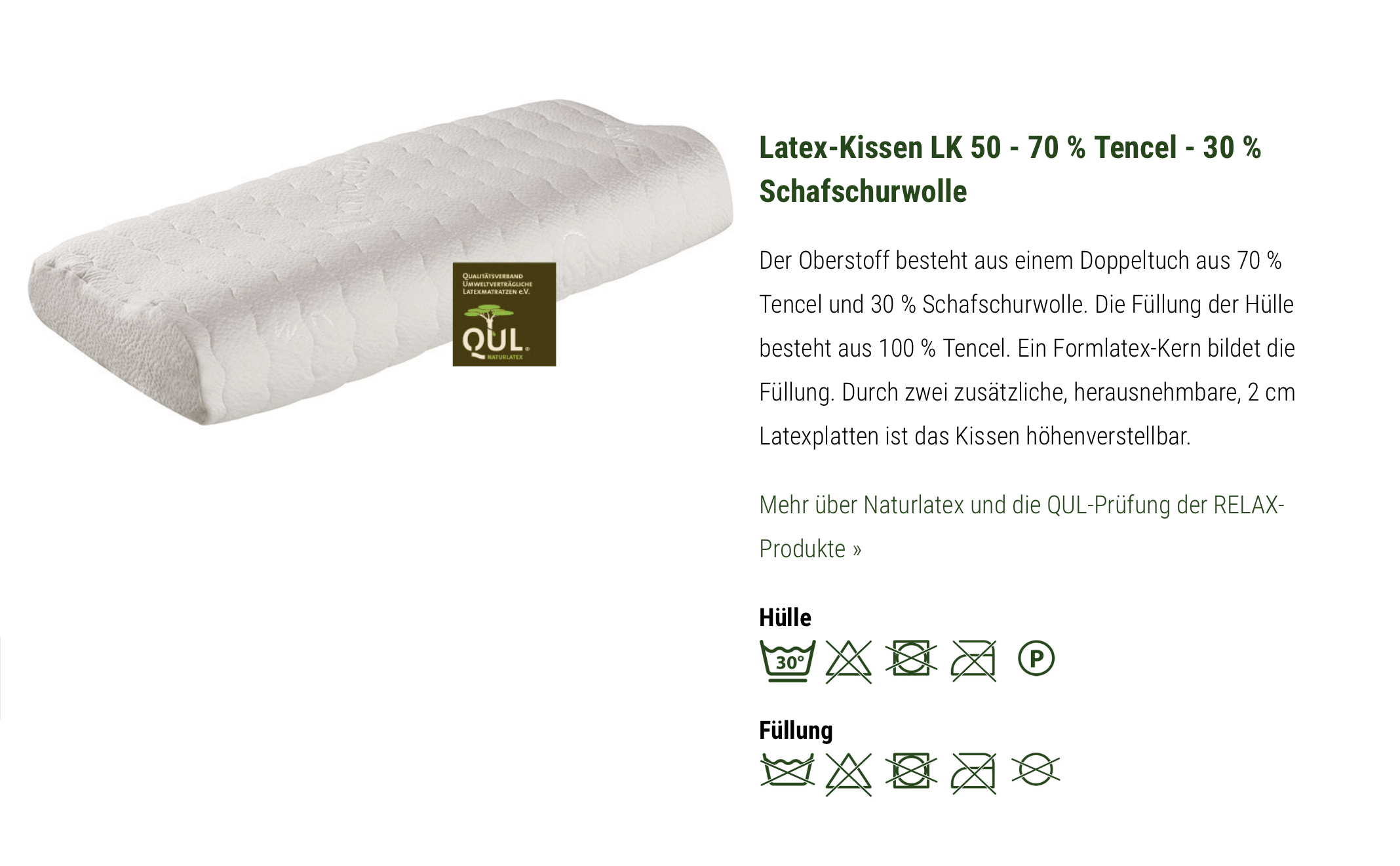 Relax Naturlatex Kissen LK 50, Bezug Schafschurwolle 40 x 80 cm