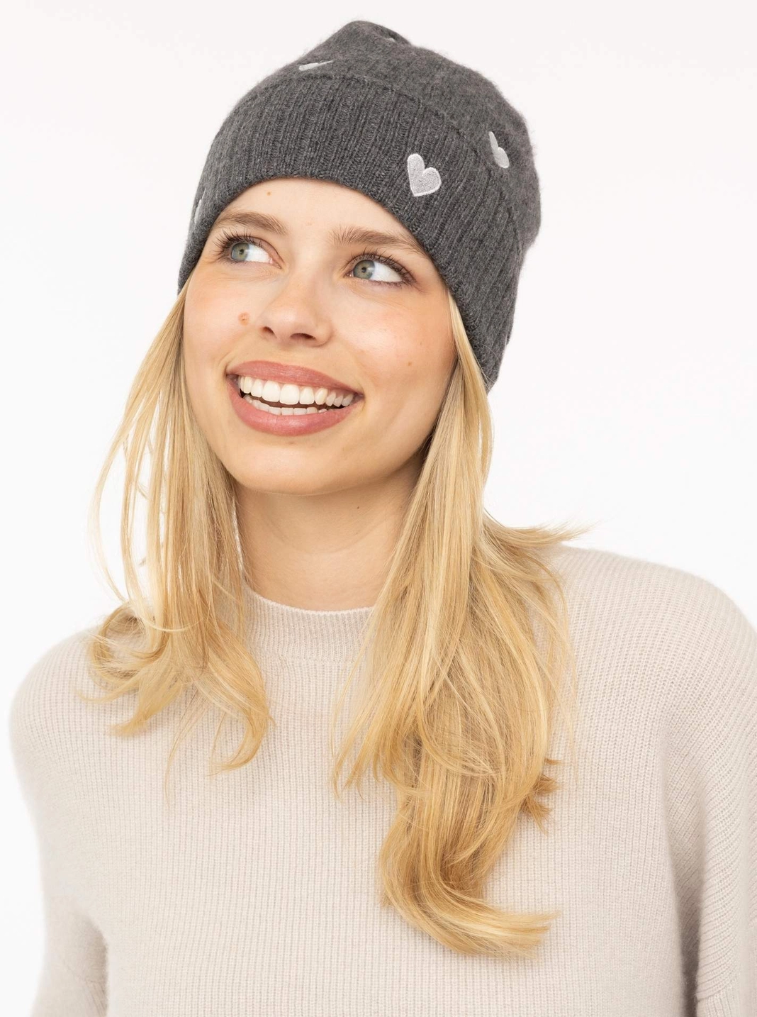 Zwillingsherz 100% Cashmere Mütze Herzchen grau
